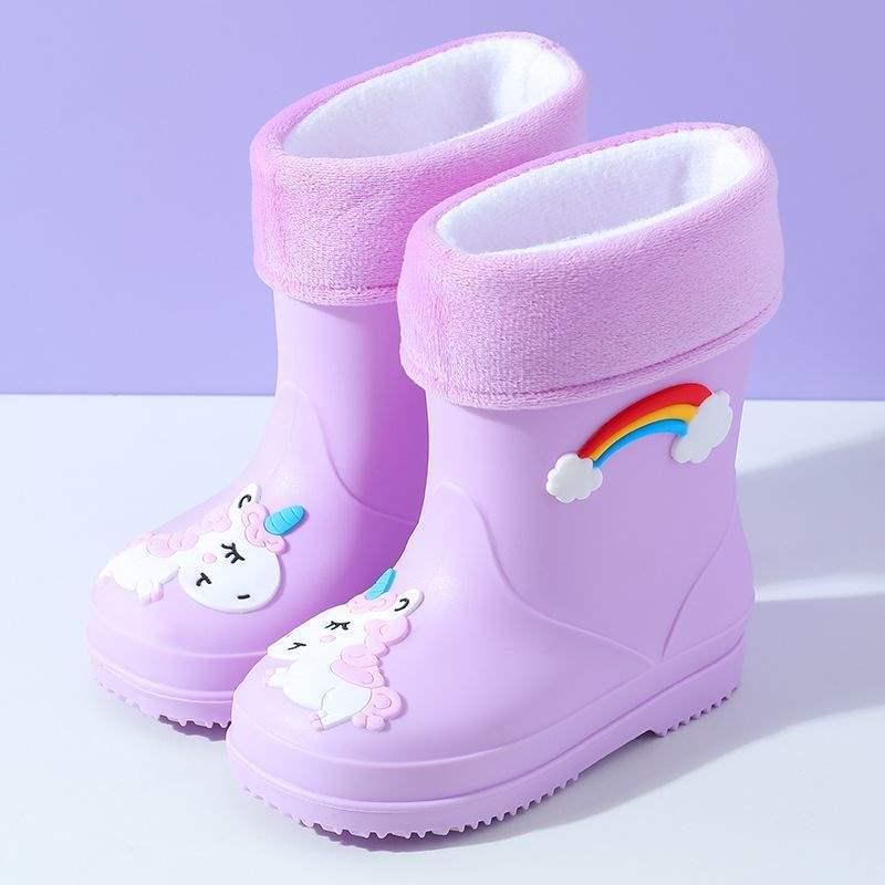 Rainbow Horse Toddler Rain Boots with Warm Fleece Lining and Drawstring - Perfect for Kindergarten Kids