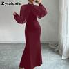 Women's Elegant Stand Collar Mesh Lace Crushed Diamond Long Sleeve Ruched Waist Tailored Evening Gown Dress