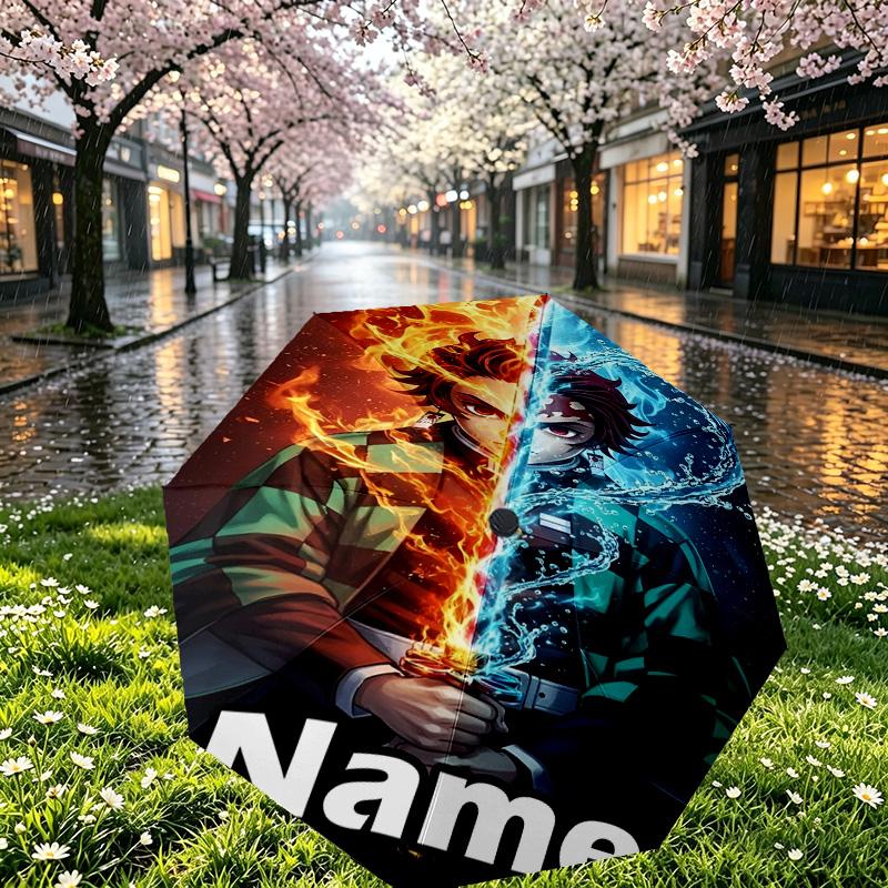 Custom Name Personalized Demon Slayer Print Umbrella, Auto Open Close, 8‑Rib Sturdy Frame, Commute Camping Hiking Use, Birthday Gift