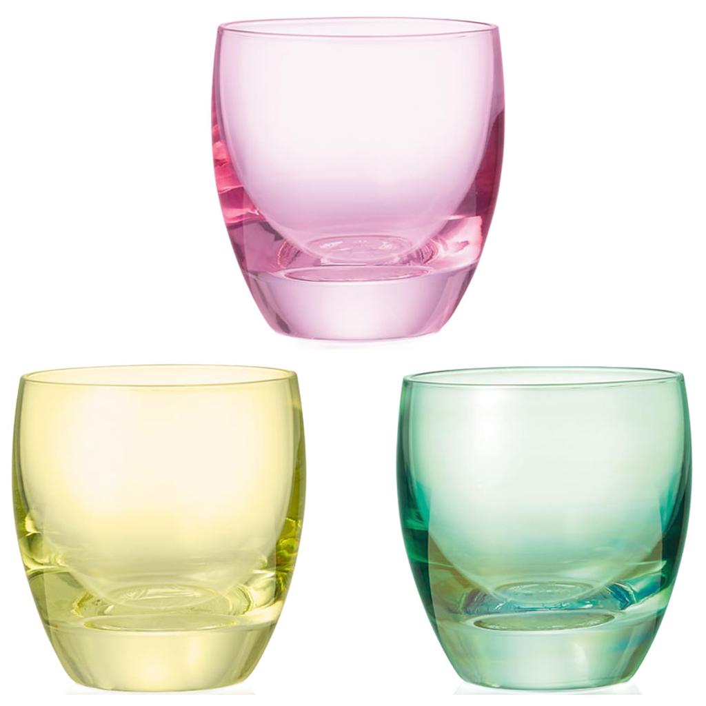 Otsuka Glass Edo Kiriko "Shochikubai" Sake Glass Set (3-Piece Set) - Approximately 95ml, Red, Green, and Yellow, Made in Japan, 18-778-5-A