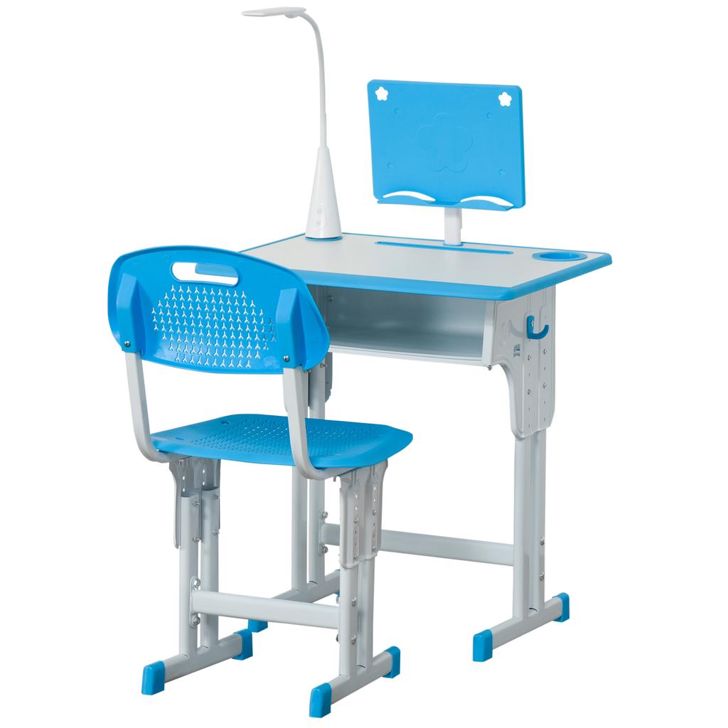 Kids Desk and Chair Set Adjustable Height Study Table Set with Drawer, Book Stand, Pen Slot - Blue