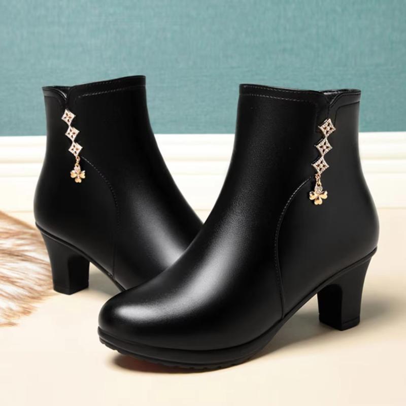 New Leather Thick-heeled Boots Women Autumn and Winter Suede Slip-on Soft-soled Mid-heeled Boots Round Head Cotton Mother Shoes