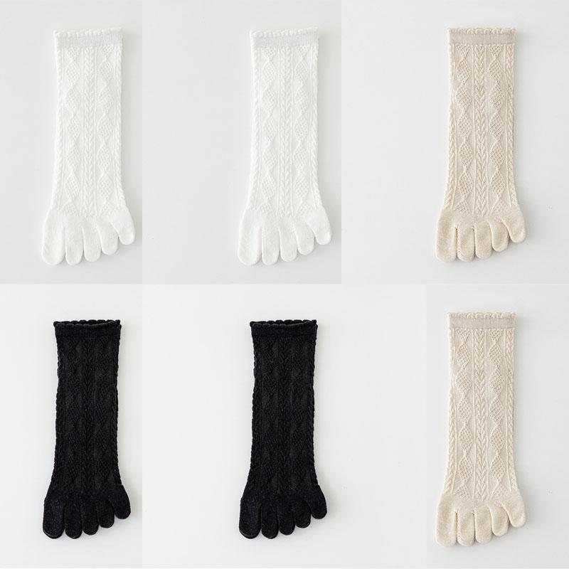 6 Pairs Women Spring and Autumn Pure Cotton Five Finger Socks Retro Solid Color Lace Striped Split Toe Socks Vintage Comfortable Socks