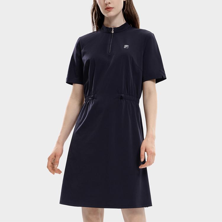 Fila Modern Heritage Classic Business Half-Zip Stand Collar Solid Color Logo Pullover Short Sleeve Dress Women Dresses Legendary-Blue F11W331302F-NV