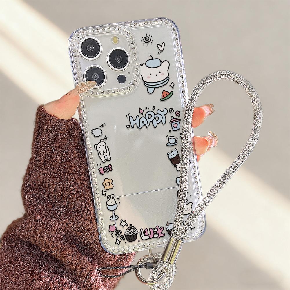 Bracelet Chain Phone Case For iPhone 17 16 15 13 14 for 17Air 17 12 14 16 Pro 17 14 16 Pro Max Sparking Diamond Cute Pattern Hard Cover With Lanyard