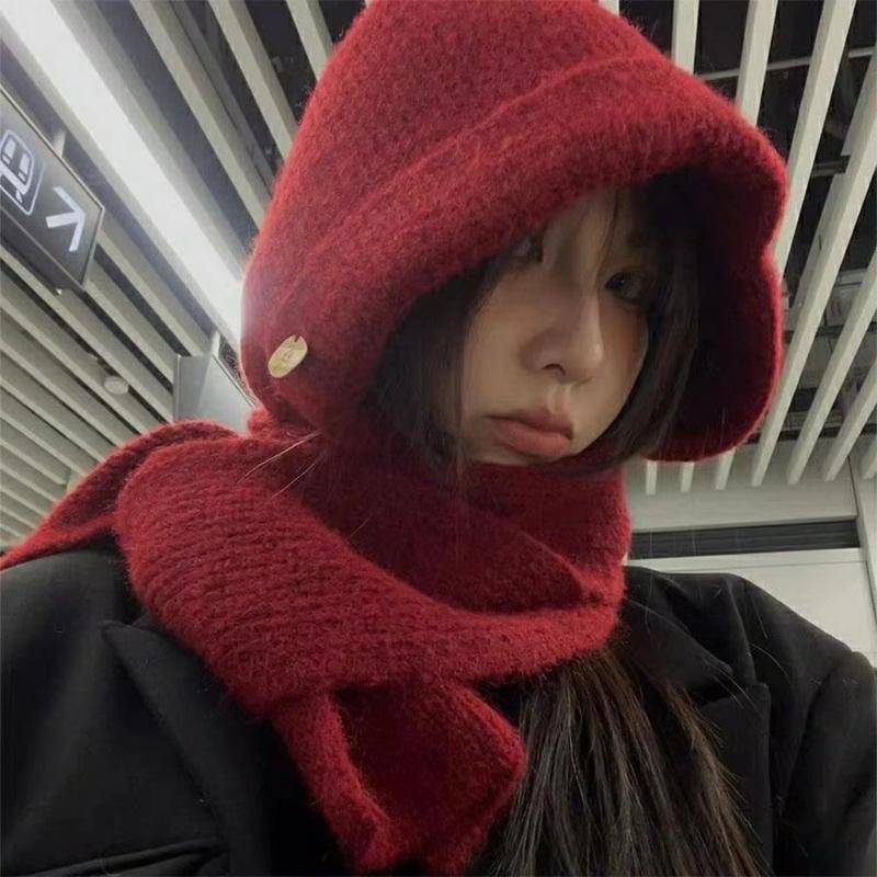 Winter New Women's Solid Color Knitt Hat Scarf One-piece Balaclava Hat,Thickened Warm and Cold Proof Suitable for Outdoor,skiing