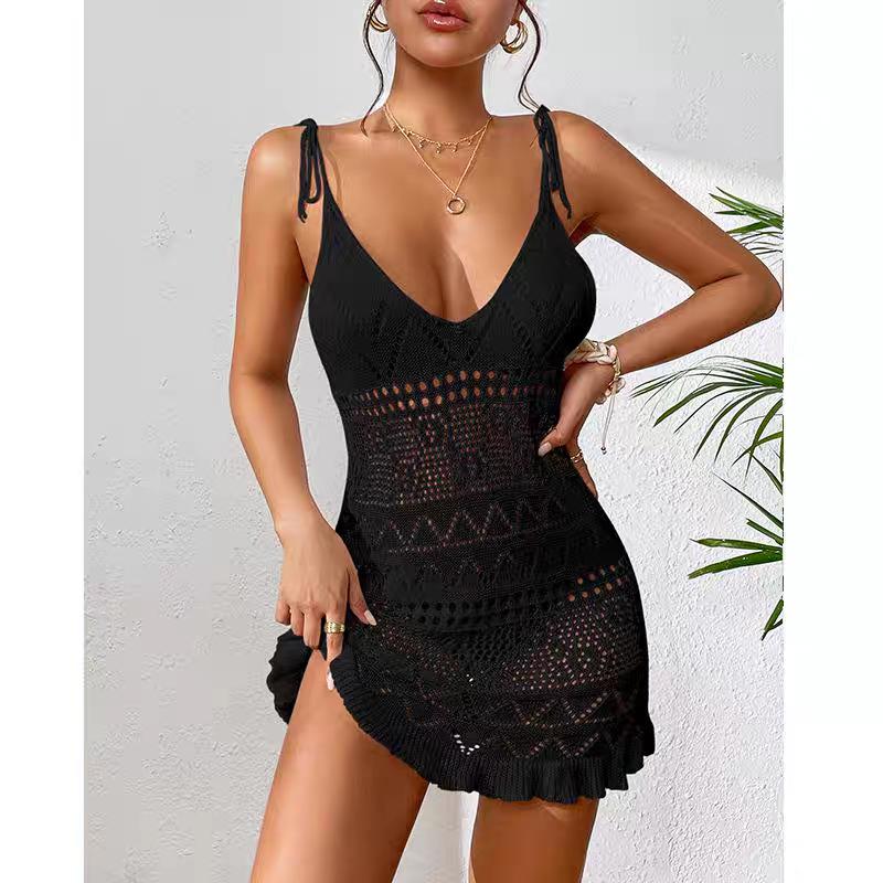 Summer Beach Mini Dress Lady Sexy Deep V Hollow Out Mesh Pullover Women's Knitted Sweaters See Through Casual Slim Sling Dresses