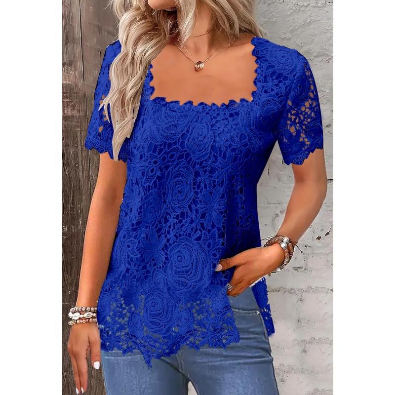 Camiseta de verano para mujer, Top de manga corta con encaje elegante para vacaciones