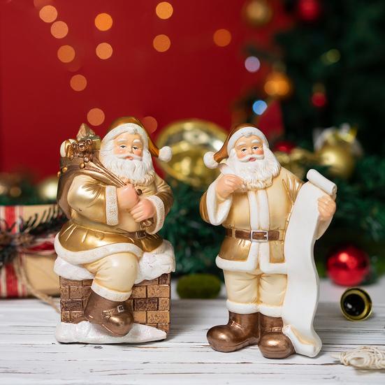 Santa Claus Figurine Small Resin Santa Sculpture with Gift Bag/Wish List for Mantle Bookshelf Tabletop New Year Party Decoration