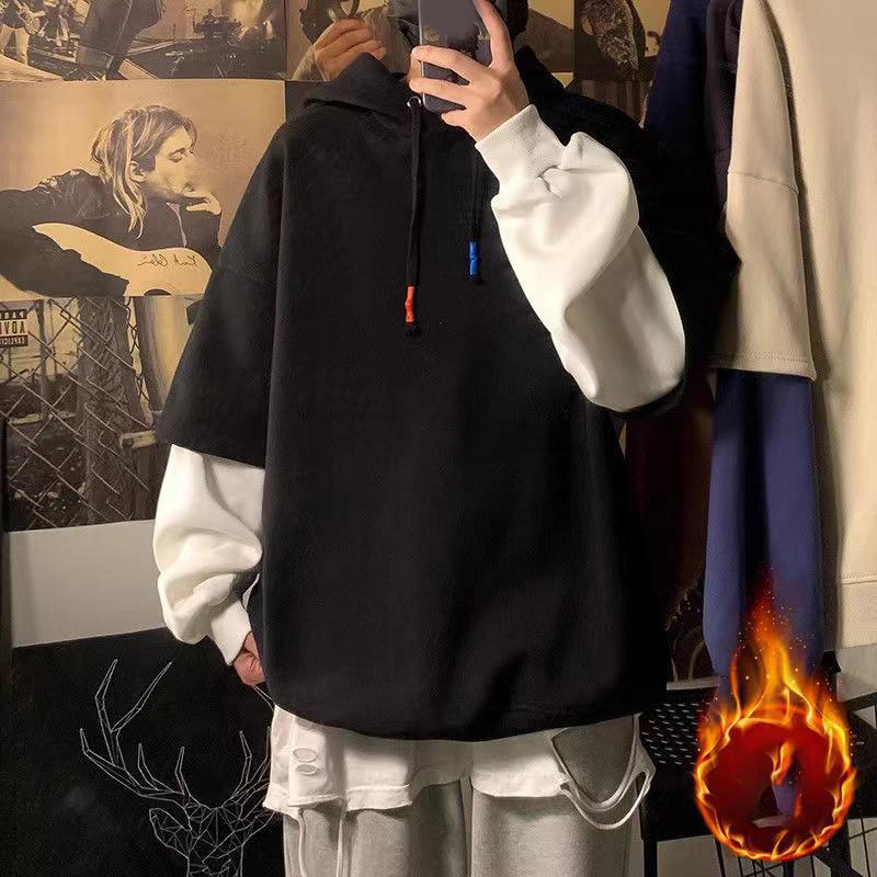 Man Women Autumn Spring Fashion Round Neck Long Sleeve Sweatshirts High Street Casual Loose Pullovers Fake Two Pieces Thick Drawstring Hoodie
