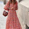 Women Dress Geometric Print Large Hem Autumn Bohemian Ruffles Long Dress for Beach