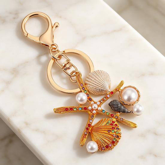 Keychain Pendant Ocean Style Starfish Shell Design Key Chain with Rhinestones Imitation Pearls Bags Backpacks Decorative Accessory