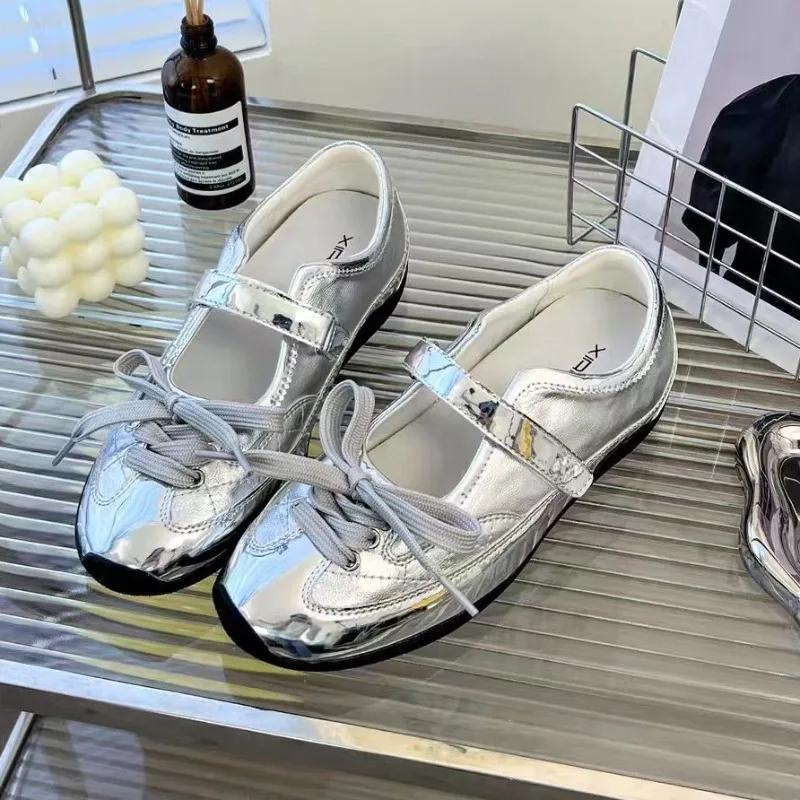 

Fashion 2025 New Summer Women s Ballet Flats Platform with Hidden Wedge Sporty Brand Casual Two-Tone Slip-onsVersatile Mary Jane Shoes 35 серебряный