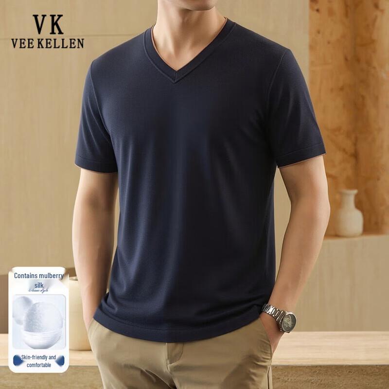 VEE KELLEN Men's Silk Blend V-Neck Short Sleeve T-Shirt