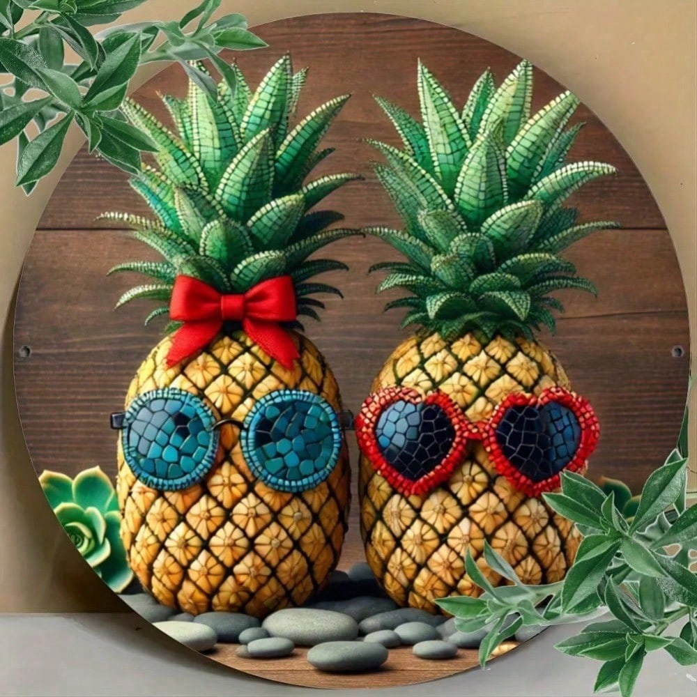 

Vintage Metal Sign Round Wall Art 8 Inch Pineapple Glasses Wreath Home Decor For Patio Cafe Bar 20x20 різнокольоровий