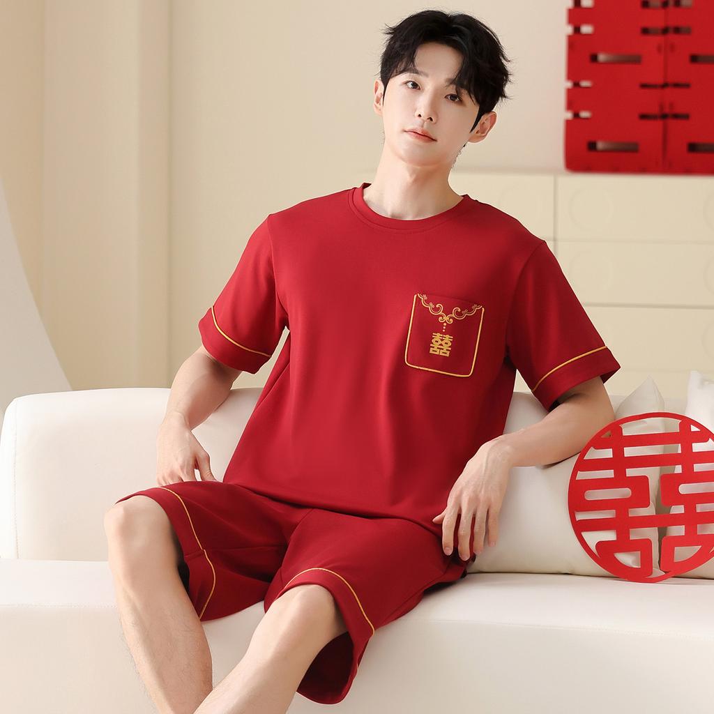 Red Nightdress Couple Summer Wedding Suit Pure Cotton Short-sleeved Men's and Women's Natal Year Cute Thin Wedding Loungewear