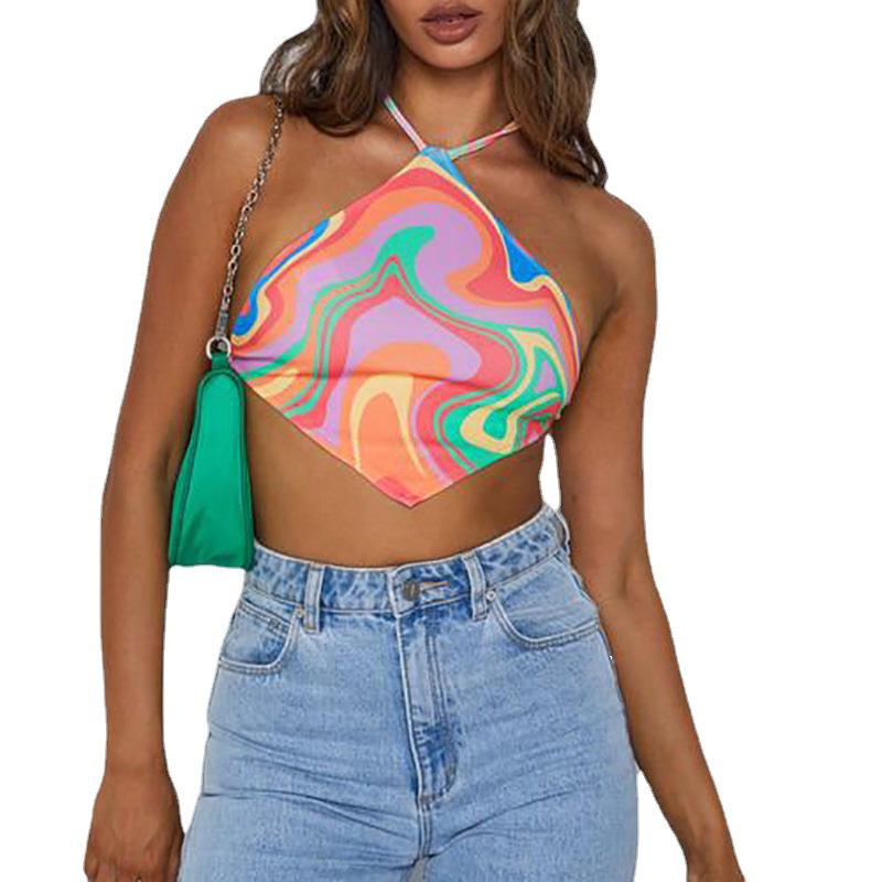Colorful European & American Style Slim Halter Neck Backless Crop Top