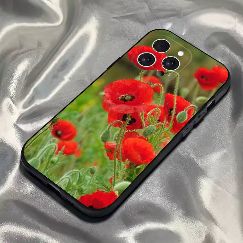 

Red Poppies flowers Phone Case For iPhone 16,15,14,13,12,11,Pro,Max,Plus,X,XS,SE4,E,Mini,Soft Black Case iPhone11