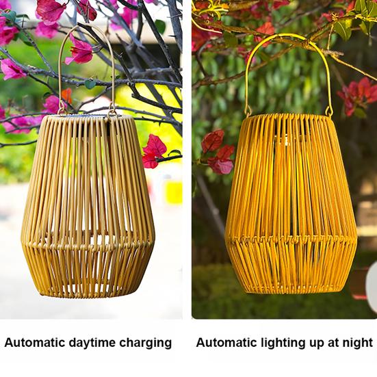 Woven Solar Lantern Rustic Solar Lamp with Handle Auto On/Off Solar Powered Outdoor Hanging Light for Farmhouse Garden Patio Yard Camping Decor