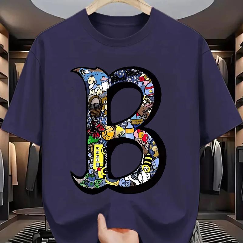 Summer Men's  Cotton Sports Casual Fashionable Loose Plus Size Creative B-letter Printed Round Neck Short Sleeved T-shirt Top