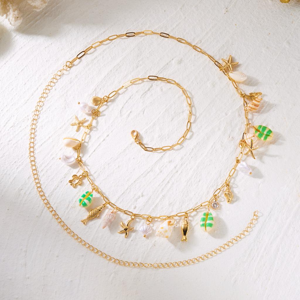 Colorful Painted Shells Belly Chain for Women Sexy Imitation Pearl Starfish Conch Fish Pendant Waist Chain Summer Bikini Jewelry