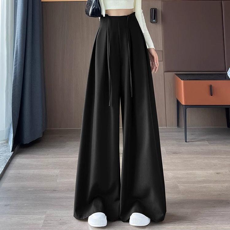 

Women s High-Waist Wide-Leg Casual Pants - Black Summer Drawstring Drape Design S (75-90 jin) чёрный