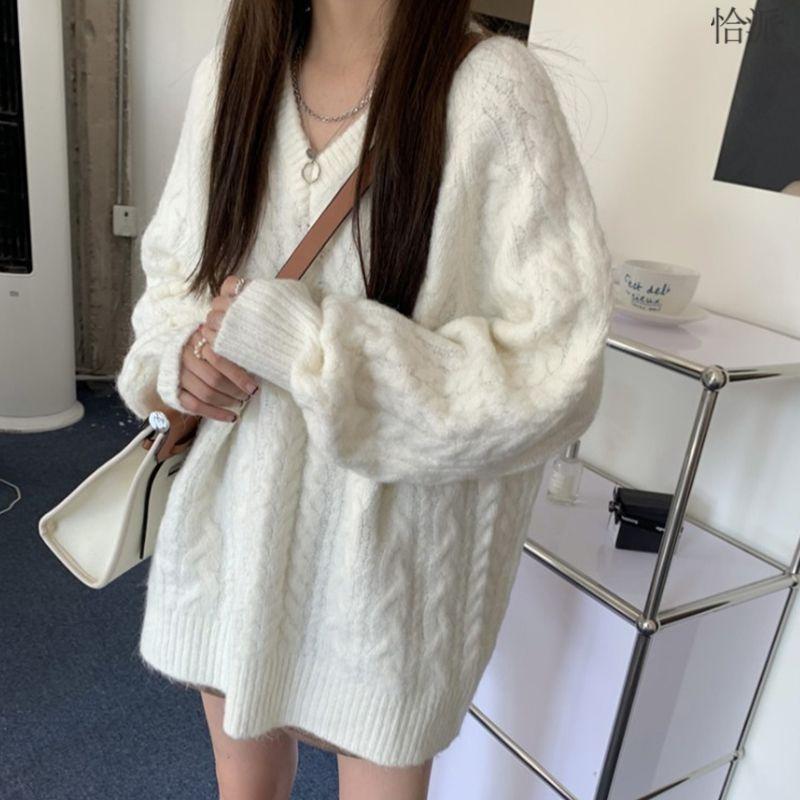 V-neck soft waxy twist knitted sweater top women's autumn and winter new loose and lazy casual versatile pullover sweater