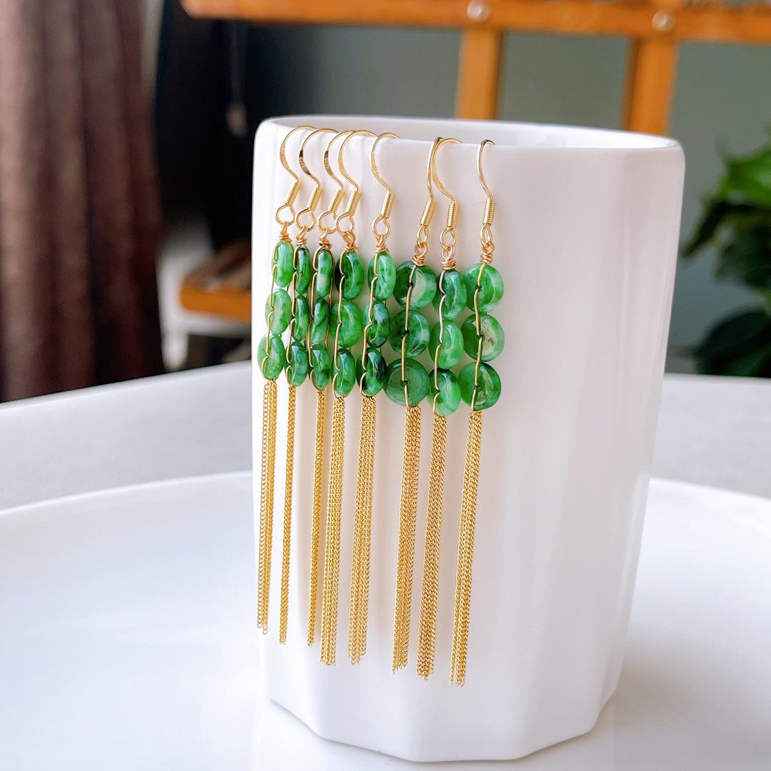 Natural A-Grade Jade Ping an Kou Tassel Earrings in Spicy Green with 14k Gold Plating, Chinese Style.