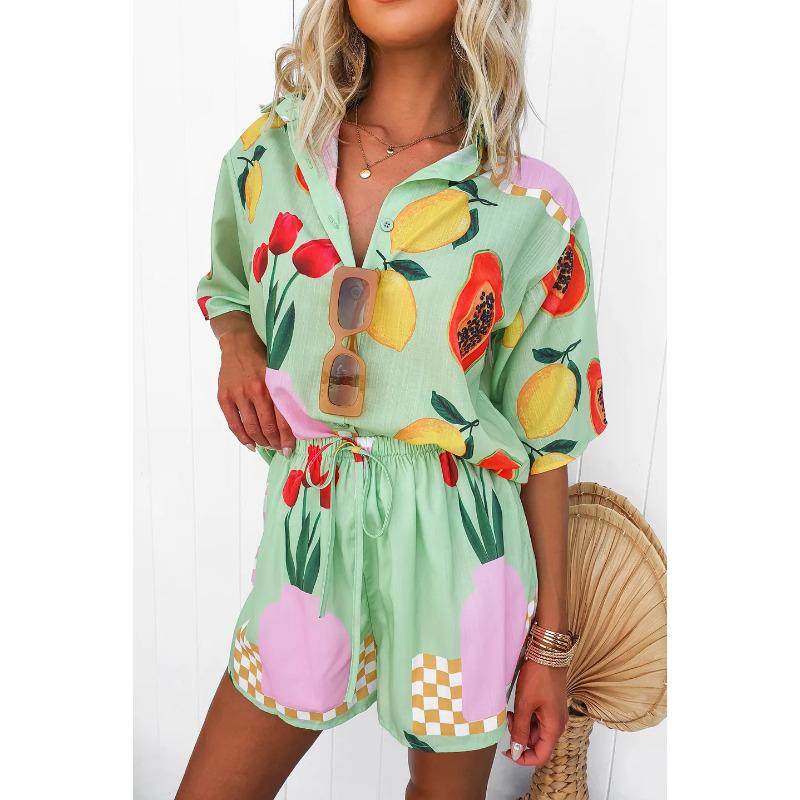 

Женский новый повседневный комплект из рубашки и шорт, универсальный кардиган с принтом, из двух предметов XL зелёный