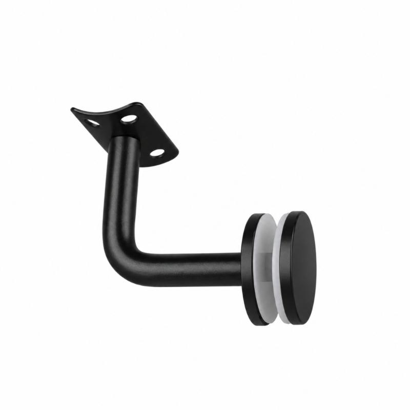 2-Piece Glass Support Hardware Set for Stair Rail, Featuring a Black Finish and Fixed-Plate Form for Mounting Tasks