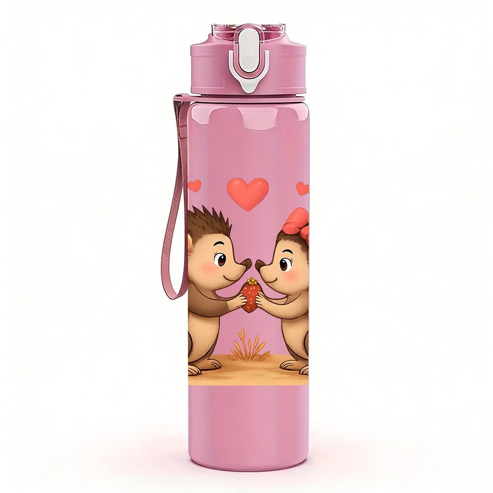 1PC Loving Hedgehog Couple 750ml Color Plastic Sports Water Bottle Leakproof Flip Straw Lid Suitable for Sports Office Home Use
