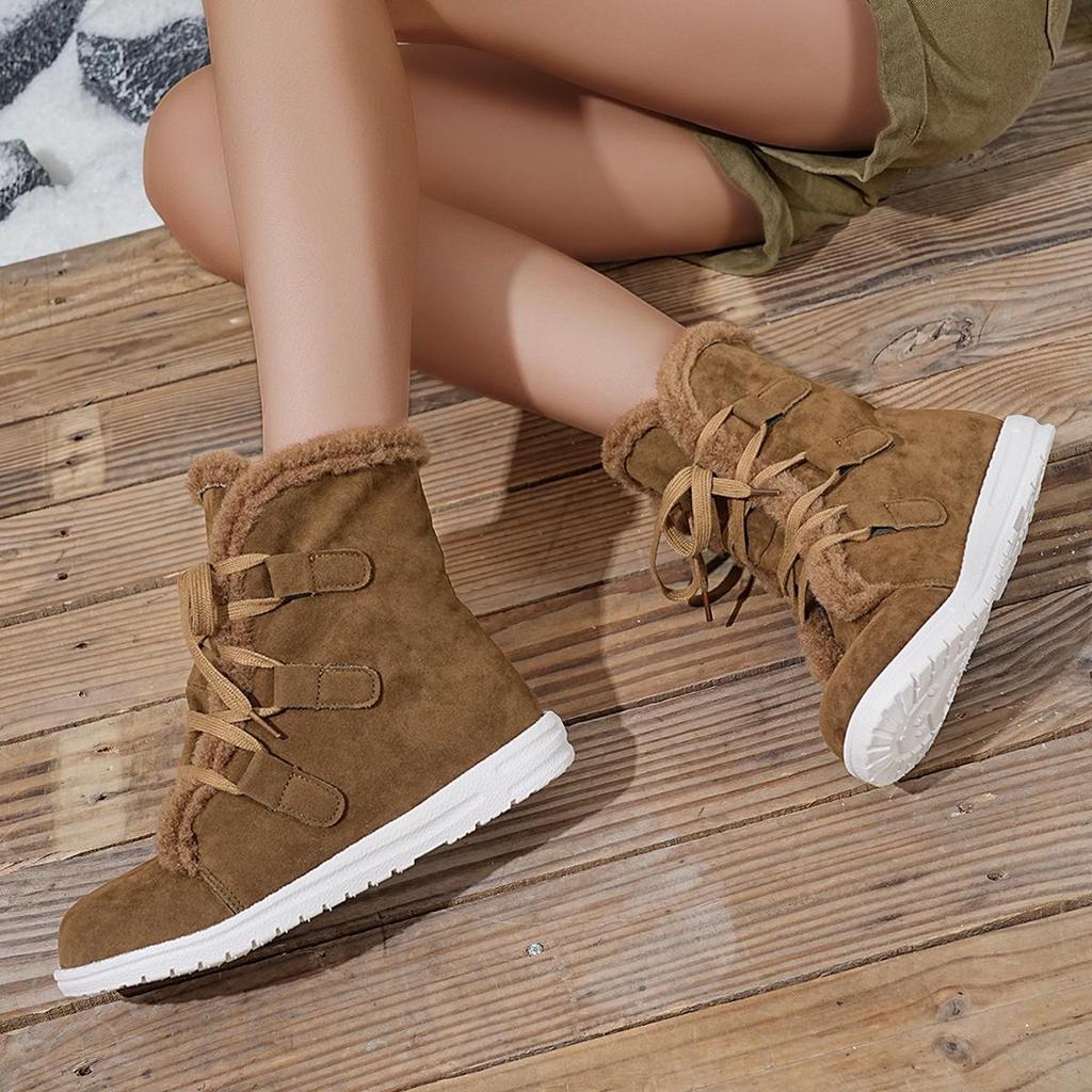 Women's Plus Size Lace-Up Snow Boots - 2025 Fall/Winter European & American Style, Plush, Warm, Flat-Bottomed.