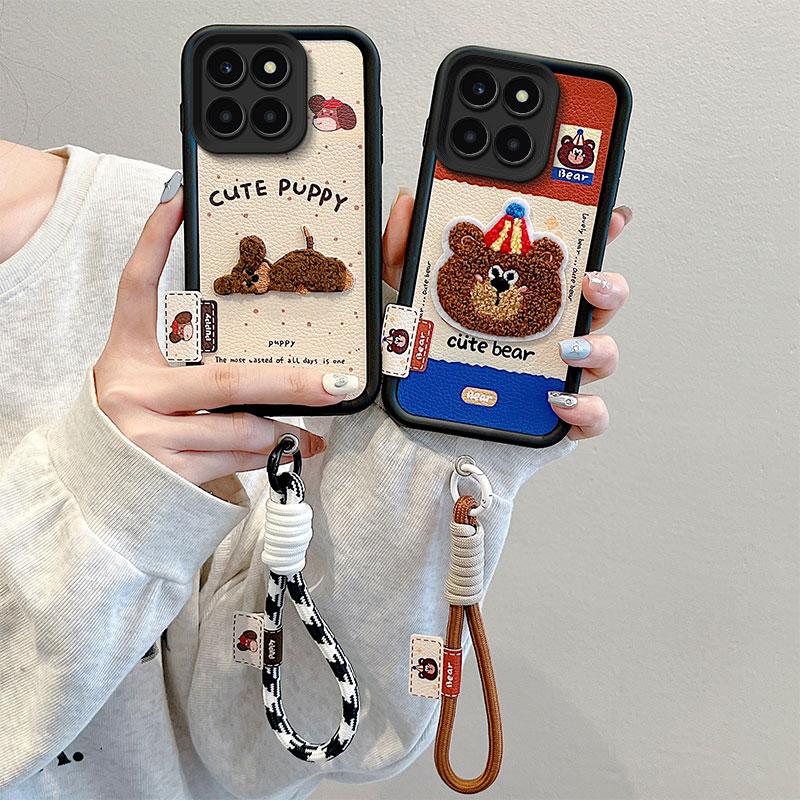 KEYSION Cartoon Cute Plush Embroidery Case for HONOR X6b X8c with Lanyard Silicone Shockproof Phone Cover for Huawei Honor X8c X6b