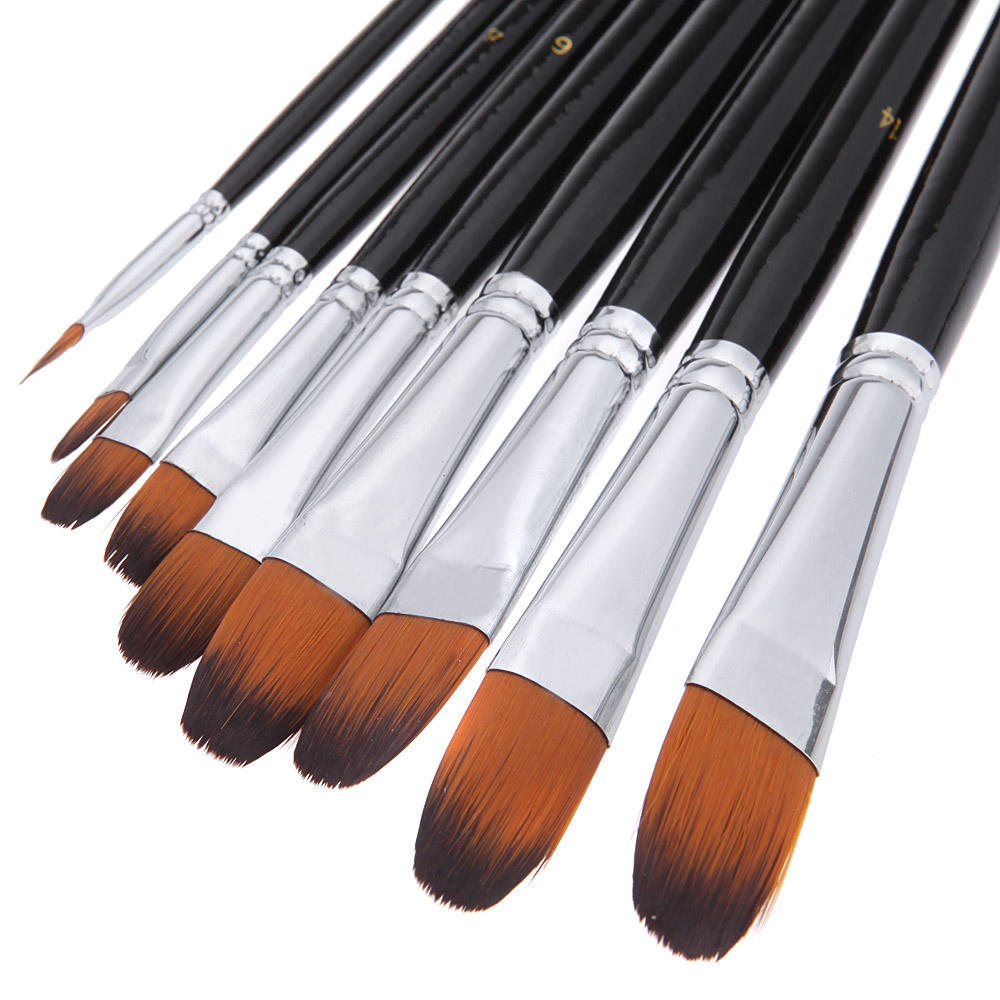 9pcs Nylon Hair Paint Brush Set Filbert Head Wooden Handle Artists Gouache Watercolor Acrylic Brushes Art Supplies
