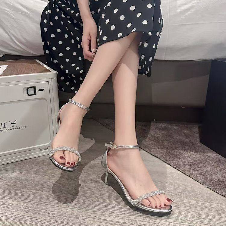 Thin heel versatile sexy high heels women's 2025 new French niche design open-toed rhinestones with sandals