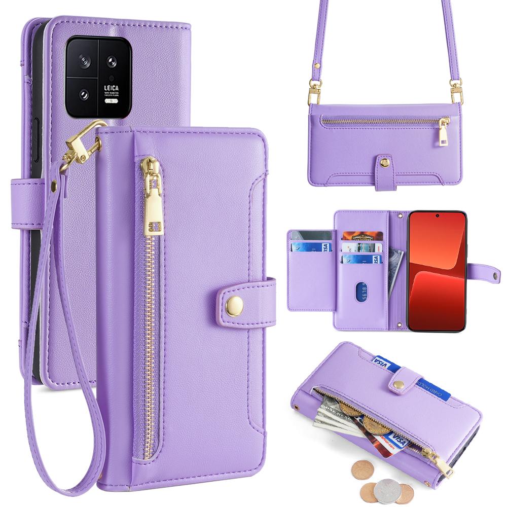 

For Xiaomi 13 Case PU Leather Crossbody Phone Protector with Shoulder Wrist Straps F