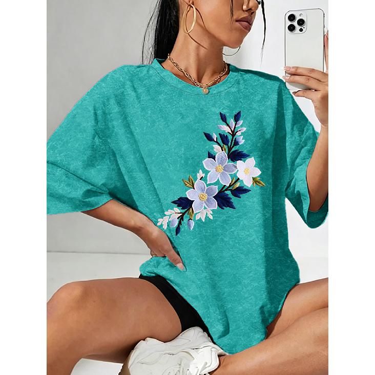 Summer new blue and white gradient floral print snowflake short-sleeve shirt T Shirt Top Round neck, light and breathable, suitable for spring, S