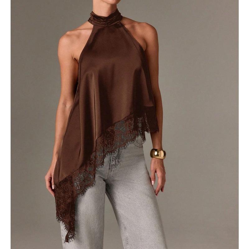 Summer New Women's Fashionable Sleeveless Satin Halter Neck Top with Lace Trim