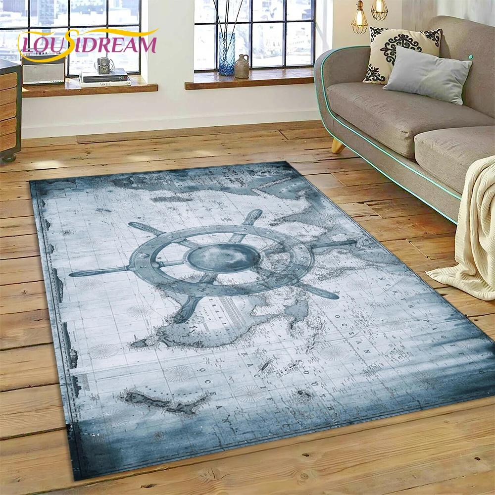 3D Ancient Nautical Chart World Map Compass Carpet Rug for Bedroom Living Room Sofa Decoration,Child Game Large Decor Floor Mat
