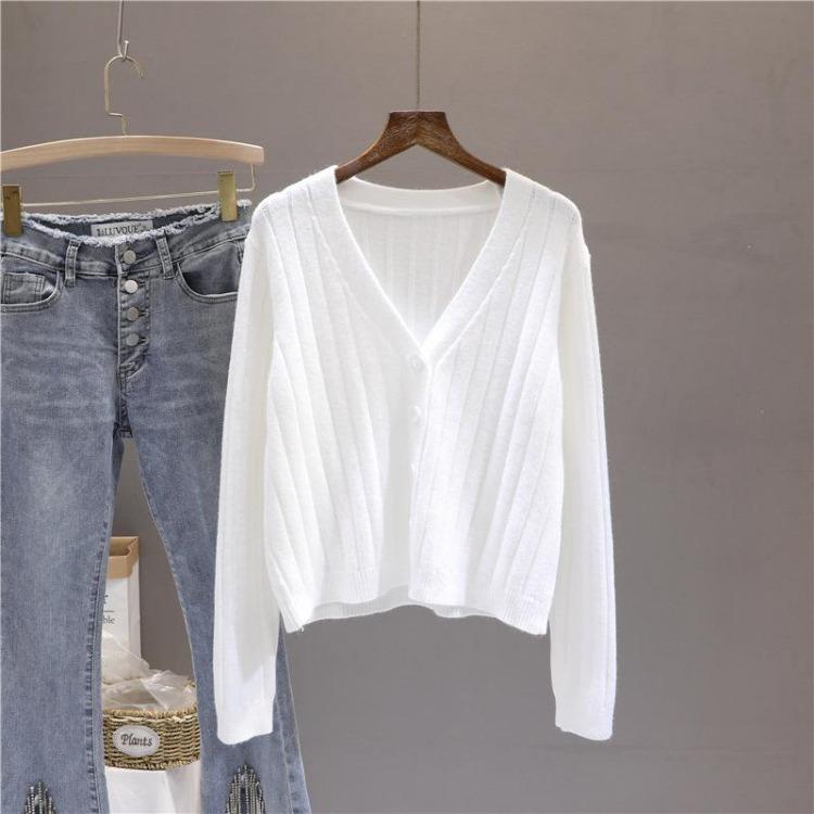 Women's V Neck Knitted Cardigan Short Jacket Loose Long Sleeve Autumn Versatile Outfit Top Sweater