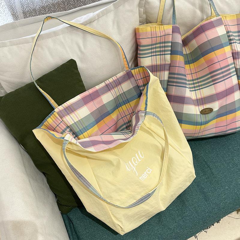 New Lazy Wind Double-sided Plaid Canvas Bag Women's Casual Versatile Shoulder Bag Fashion Large Capacity Tote Bag