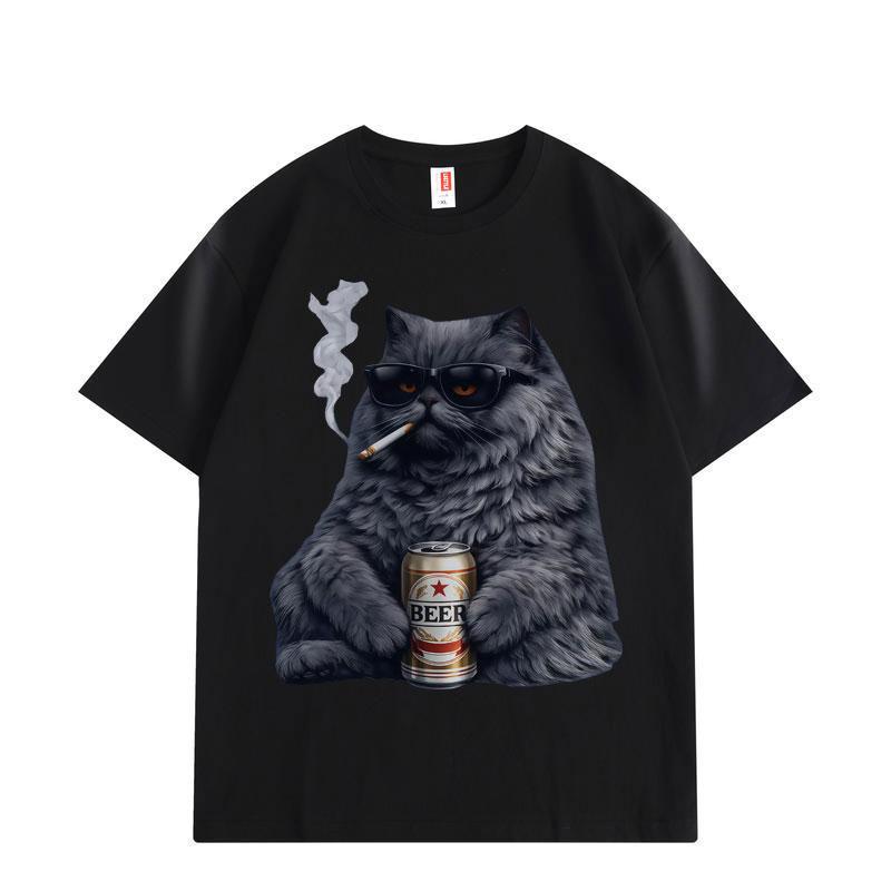 

Funny Cat Smoking and Drinking Graphic T Shirts High Street Fashion Trend Short Sleeve T-shirt Men Women Cotton T-shirts S