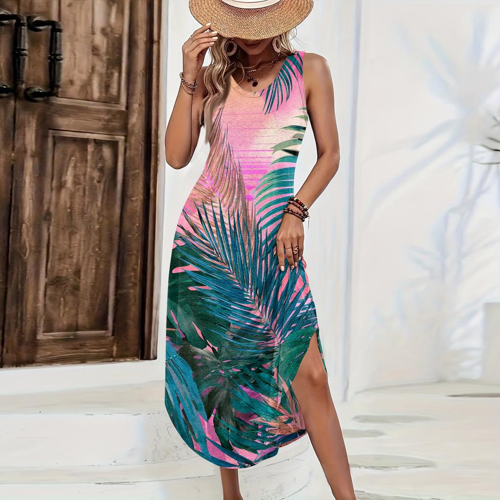 Women Sleeveless Long Dress Casual Loose Fit Hawaiian Print Maxi Dress Summer Beachwear Side Slit Sleeveless Sundress