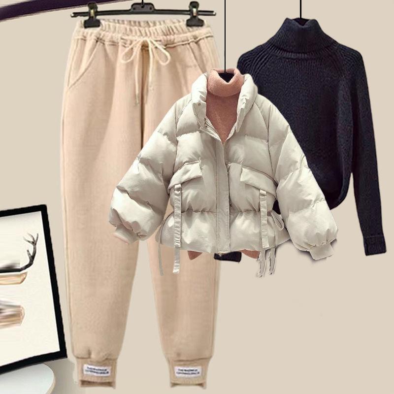 Dámský Módní Třídílný Oblek Zimní Bunda z Prachového Peří s Bavlněnou Výplní, Vatovaná Bunda, Silný Svetr, Ležérní Tepláky