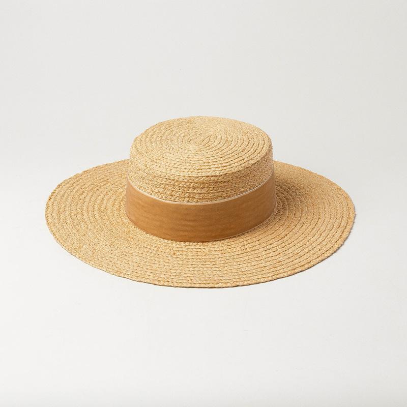 European and American spring and summer new velvet decorative with wide brim flat top Lafite straw hat outdoor sunscreen sunshade beach straw hat