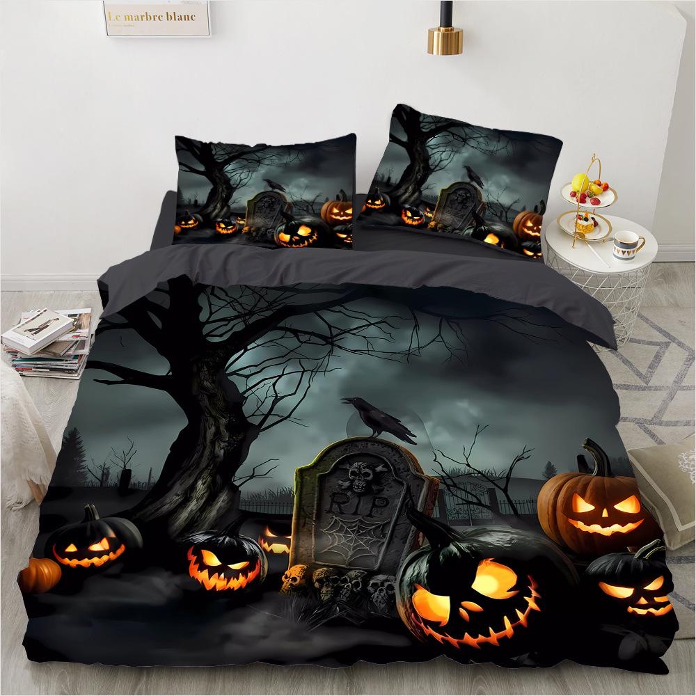 Halloween-Bettwäsche-Set mit 3D-Druck, Fledermaus-Schädel-Kürbis-Motiv, weichem Bettbezug (Kingsize, Queensize, Einzelbettgröße), Halloween-Geschenk, Schlafzimmerdekoration