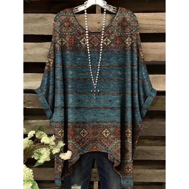 Camisetas Oversize Estilo Bohemio Chic Estampado Étnico Vintage Sencillo Dobladillo Irregular Cuello Redondo Top para Mujer Moda Versátil Ropa de Mujer