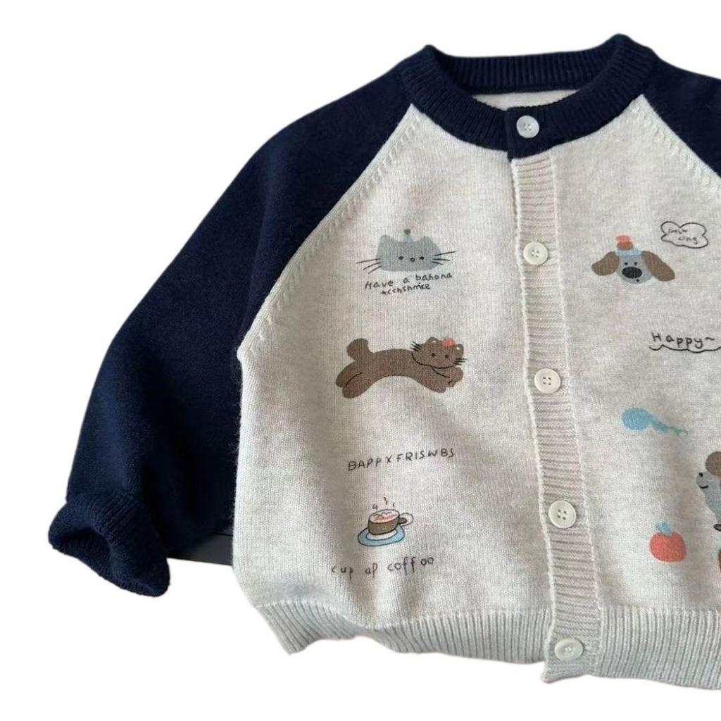 Dětský pletený kreslený kardigan s barevnými bloky - Měkký, pohodlný podzimní svetr