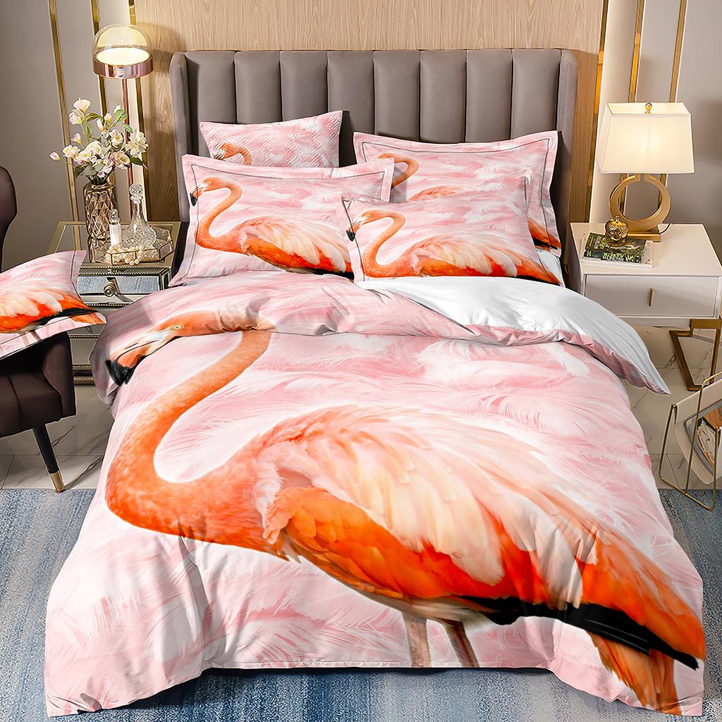 Flower Flamingo Bedding Set For Girl,Flamingos Full Bed Set,2 People Comforter Cover,Pink And Black Pdouble Bed Cover,Microfiber