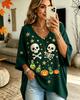 Halloween Printed T-shirt, Pumpkin Lantern Ghost T-shirt, Plus Size Women's V-neck Bat Sleeve Seven Quarter Sleeve Casual Top